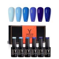 Set de lacuri de unghii cu gel YOKEFELLOW 6 buc. 10 ml albastru regal Pigment bogat Soak off Miros redus Lac gel de lunga durata