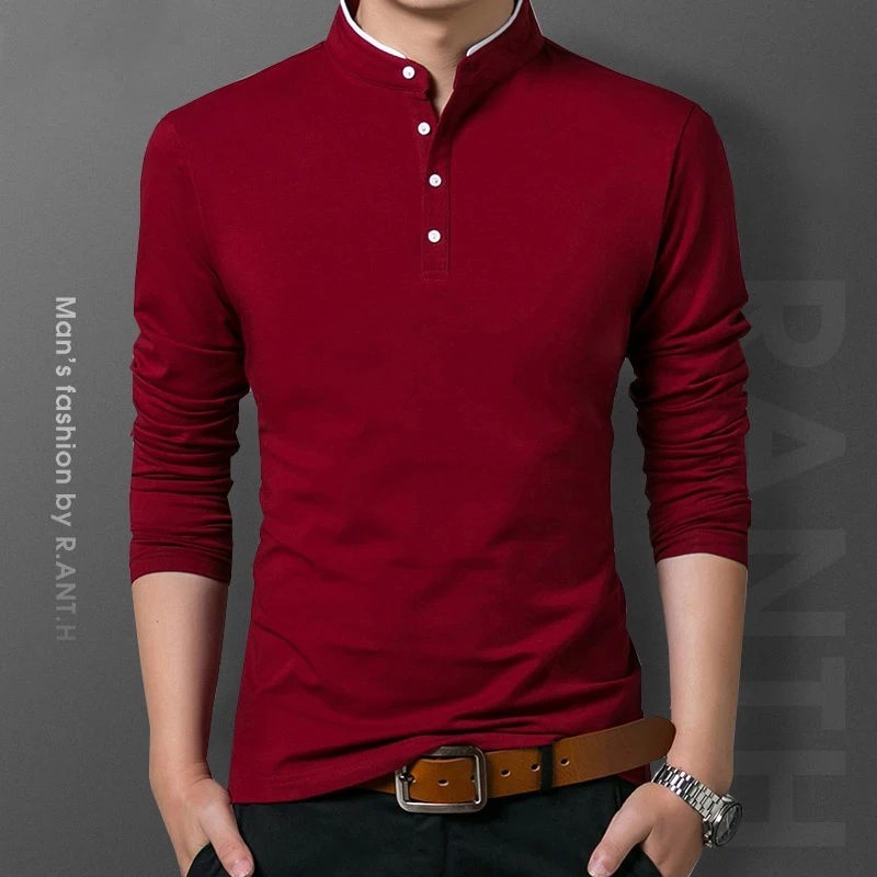 Tricou polo casual pentru bărbați, cu mânecă lungă, vară Top din bumbac solid, confortabil și respirabil