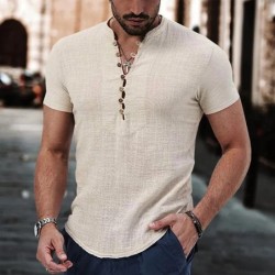 2023, tricou cu mânecă scurtă pentru bărbați, cu gât în V, cu buton, cămașă din bumbac, haine casual pentru bărbați Topuri popul