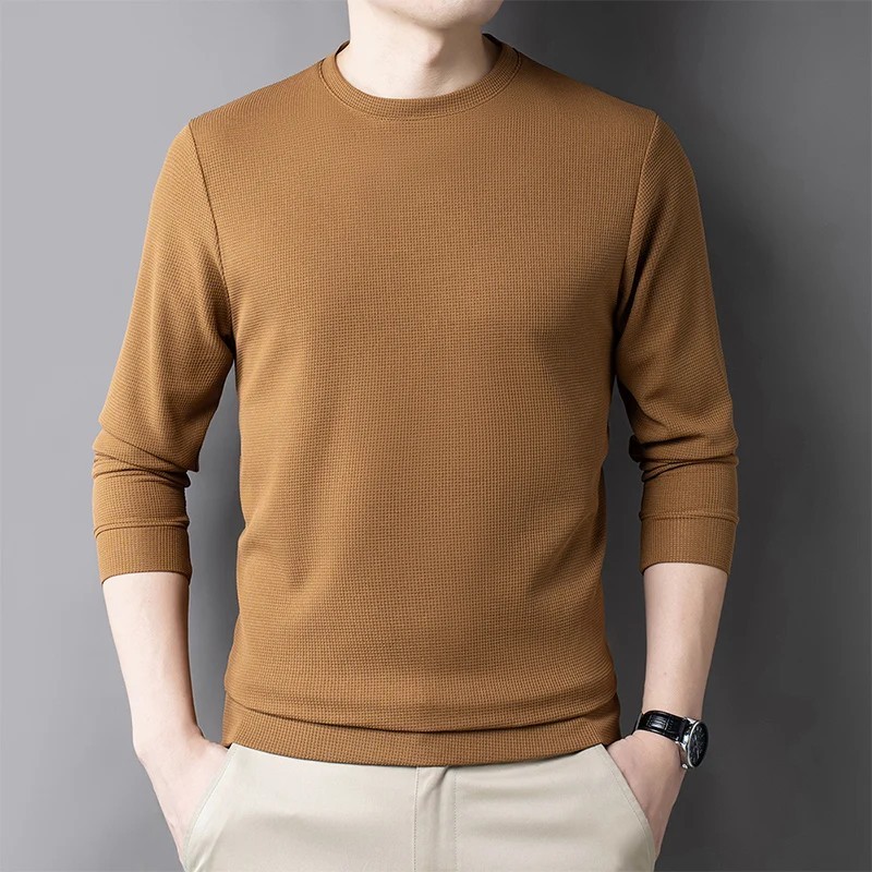 Tricou casual pentru bărbați cu gât rotund cu vafe, tricou cu mânecă lungă, respirabil, confortabil și la modă
