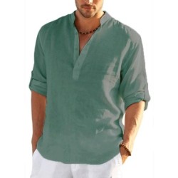 Tricou cu mânecă lungă din in pentru bărbați, de culoare uni, Cămașă casual lejeră Cămașă din bumbac cu mânecă lungă