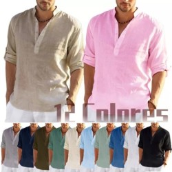 Tricou cu mânecă lungă din in pentru bărbați, de culoare uni, Cămașă casual lejeră Cămașă din bumbac cu mânecă lungă