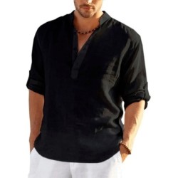Tricou cu mânecă lungă din in pentru bărbați, de culoare uni, Cămașă casual lejeră Cămașă din bumbac cu mânecă lungă