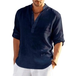 Tricou cu mânecă lungă din in pentru bărbați, de culoare uni, Cămașă casual lejeră Cămașă din bumbac cu mânecă lungă