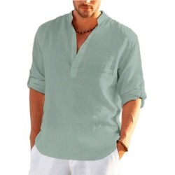 Tricou cu mânecă lungă din in pentru bărbați, de culoare uni, Cămașă casual lejeră Cămașă din bumbac cu mânecă lungă