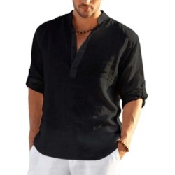 Tricou cu mânecă lungă din in pentru bărbați, de culoare uni, Cămașă casual lejeră Cămașă din bumbac cu mânecă lungă
