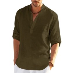 Tricou cu mânecă lungă din in pentru bărbați, de culoare uni, Cămașă casual lejeră Cămașă din bumbac cu mânecă lungă