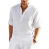 Tricou cu mânecă lungă din in pentru bărbați, de culoare uni, Cămașă casual lejeră Cămașă din bumbac cu mânecă lungă