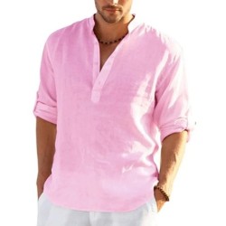 Tricou cu mânecă lungă din in pentru bărbați, de culoare uni, Cămașă casual lejeră Cămașă din bumbac cu mânecă lungă