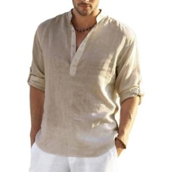 Tricou cu mânecă lungă din in pentru bărbați, de culoare uni, Cămașă casual lejeră Cămașă din bumbac cu mânecă lungă
