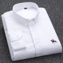 Cămașă Oxford din bumbac 100% Cămașă rochie galbenă solidă pentru bărbați cu mâneci lungi, brodate cu cal, ocazional, fără buzun