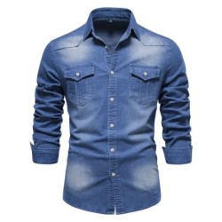 Cămașă din denim din bumbac elastic de marcă AIOPESON Cămăși de cowboy de calitate pentru bărbați cu mânecă lungă pentru bărbați