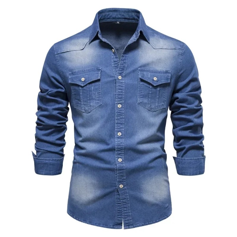 Cămașă din denim din bumbac elastic de marcă AIOPESON Cămăși de cowboy de calitate pentru bărbați cu mânecă lungă pentru bărbați