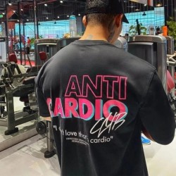 ANTI CARDIO Ocazional tricou din bumbac cu mâneci scurte supradimensionate pentru gimnastică, fitness, antrenament pentru bărbaț