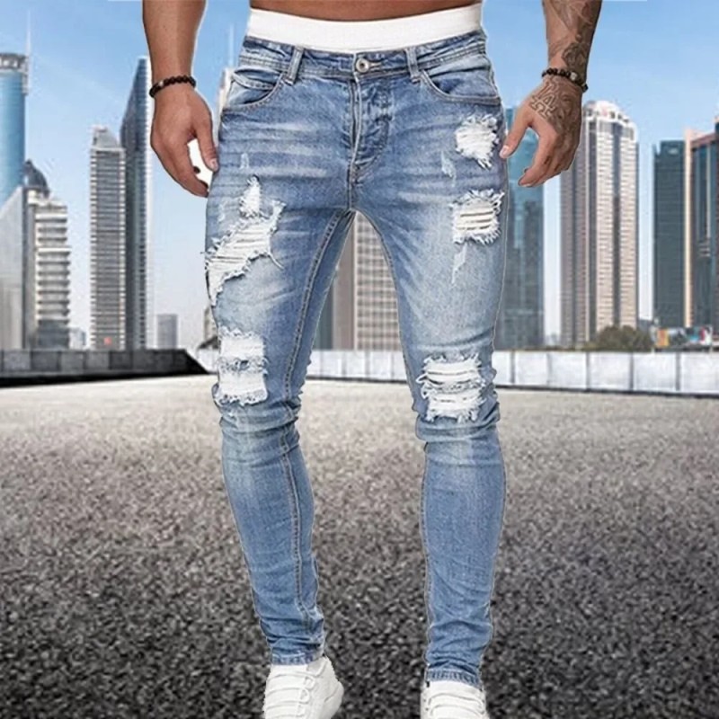2024, blugi skinny rupți, bărbați, spălare vintage, cu găuri elastice pentru motociclist, pantaloni din denim, ocazional, pantal