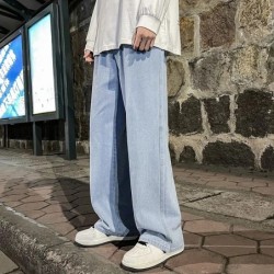 Blugi largi pentru bărbați de modă coreeană, cu talie elastică, culoare clasică, denim, cu picioare drepte, pantaloni largi, pen