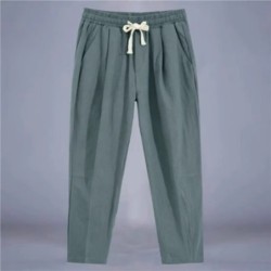 Pantaloni pentru bărbați, bumbac, in, pantaloni casual, de culoare solidă, respirabili, pantaloni largi, pantaloni drepti cu șnu