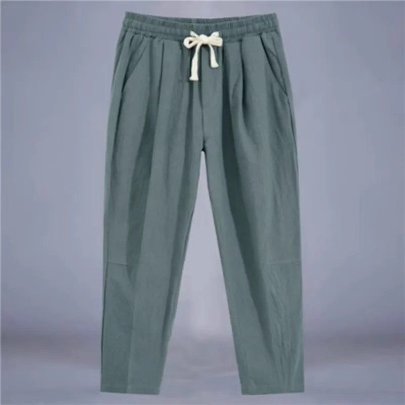 Pantaloni pentru bărbați, bumbac, in, pantaloni casual, de culoare solidă, respirabili, pantaloni largi, pantaloni drepti cu șnu