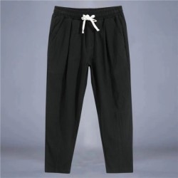 Pantaloni pentru bărbați, bumbac, in, pantaloni casual, de culoare solidă, respirabili, pantaloni largi, pantaloni drepti cu șnu