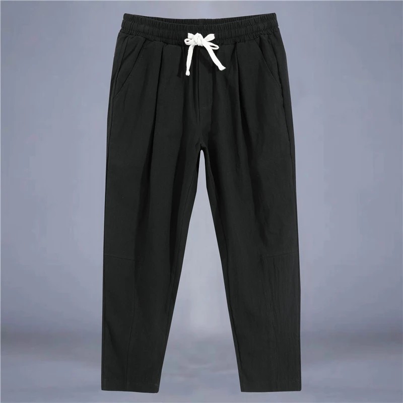Pantaloni pentru bărbați, bumbac, in, pantaloni casual, de culoare solidă, respirabili, pantaloni largi, pantaloni drepti cu șnu
