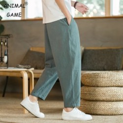 Pantaloni pentru bărbați, bumbac, in, pantaloni casual, de culoare solidă, respirabili, pantaloni largi, pantaloni drepti cu șnu