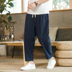 Pantaloni pentru bărbați, bumbac, in, pantaloni casual, de culoare solidă, respirabili, pantaloni largi, pantaloni drepti cu șnu