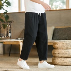 Pantaloni pentru bărbați, bumbac, in, pantaloni casual, de culoare solidă, respirabili, pantaloni largi, pantaloni drepti cu șnu