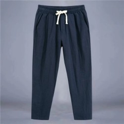 Pantaloni pentru bărbați, bumbac, in, pantaloni casual, de culoare solidă, respirabili, pantaloni largi, pantaloni drepti cu șnu
