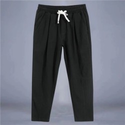 Pantaloni pentru bărbați, bumbac, in, pantaloni casual, de culoare solidă, respirabili, pantaloni largi, pantaloni drepti cu șnu