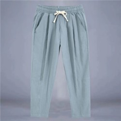 Pantaloni pentru bărbați, bumbac, in, pantaloni casual, de culoare solidă, respirabili, pantaloni largi, pantaloni drepti cu șnu