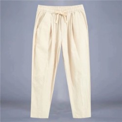 Pantaloni pentru bărbați, bumbac, in, pantaloni casual, de culoare solidă, respirabili, pantaloni largi, pantaloni drepti cu șnu
