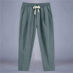 Pantaloni pentru bărbați, bumbac, in, pantaloni casual, de culoare solidă, respirabili, pantaloni largi, pantaloni drepti cu șnu
