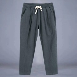 Pantaloni pentru bărbați, bumbac, in, pantaloni casual, de culoare solidă, respirabili, pantaloni largi, pantaloni drepti cu șnu
