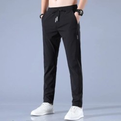 Pantaloni bărbați din mătase de gheață 2023, vară, negru, gri, subțiri, ocazional, pantaloni de sport cu picior drept, elastici 