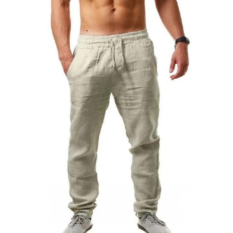 Pantaloni pentru bărbați, din bumbac, in, toamnă, noi, respirabili, de culoare uni, pantaloni de in, îmbrăcăminte de fitness, S-