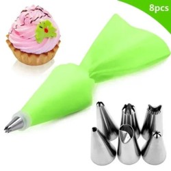 8 bucăți/pungă de silicon pentru glazură, cremă de patiserie + 6 duze din oțel inoxidabil pentru prăjituri, sfaturi pentru decor