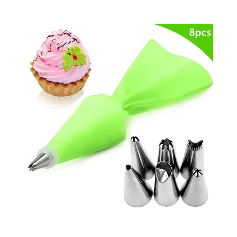 8 bucăți/pungă de silicon pentru glazură, cremă de patiserie + 6 duze din oțel inoxidabil pentru prăjituri, sfaturi pentru decor