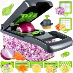 14 bucăți/set Tocător de legume, tăietor de fructe multifuncțional, răzătoare manuală pentru alimente, tăietor cu recipient, toc