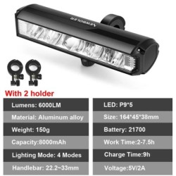 NEWBOLER Lumină pentru bicicletă față 6000 lumen Lampă pentru bicicletă 8000 mAh Lanternă rezistentă la apă Încărcare USB MTB Ac