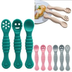 Set de ustensile de 3 bucăți drăguț pentru învățare pentru copii, lingură lipicioasă din silicon de calitate alimentară, tacâmur