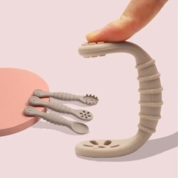 Set de ustensile de 3 bucăți drăguț pentru învățare pentru copii, lingură lipicioasă din silicon de calitate alimentară, tacâmur