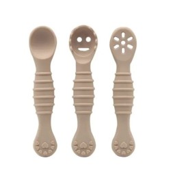 Set de ustensile de 3 bucăți drăguț pentru învățare pentru copii, lingură lipicioasă din silicon de calitate alimentară, tacâmur