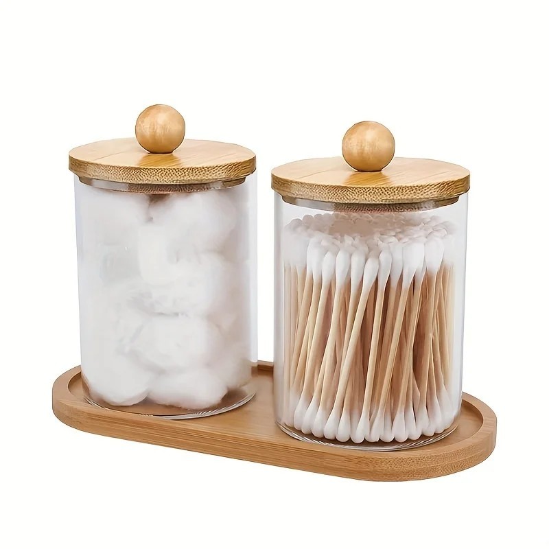 Suport Qtip de 10 oz cu tavă de vanitate, 3 pachete de dozator de tampon de bumbac/minge/tampoane borcan de farmacie, dozator de