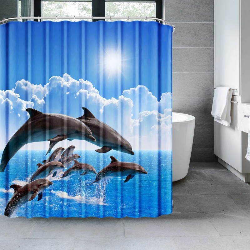 Perdeau de duș cu delfin, Lumea subacvatică, țesătură din poliester, set de decor pentru baie pentru copii, cu 12 cârlige
