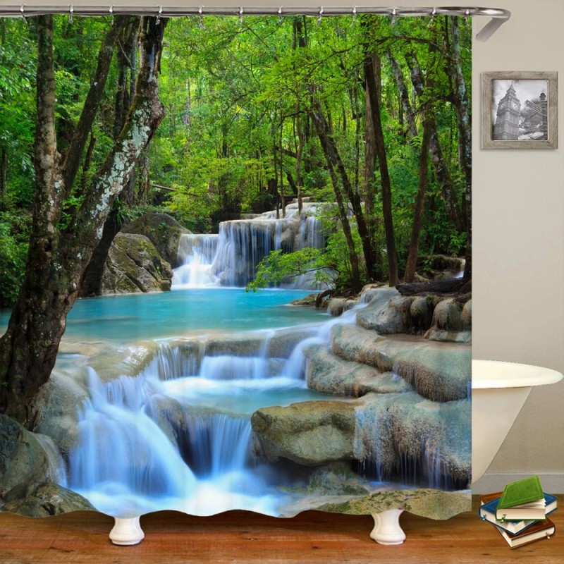 Perdele de duș cu cascadă de pădure verde cu imprimare 3d Perdele de baie impermeabile cu cârlige Perdeau de baie 180*200 țesătu Perdele de duș cu cascadă de pădure verde cu imprimare 3d Perdele de baie impermeabile cu cârlige Perdeau de baie 180*200 țesătu