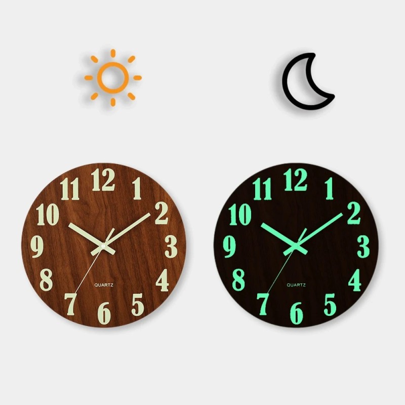 Ceas de perete luminos de 12 inch, din lemn, lumină silențioasă, în noaptea întunecată, ceas de perete la modă nordică, ceas făr