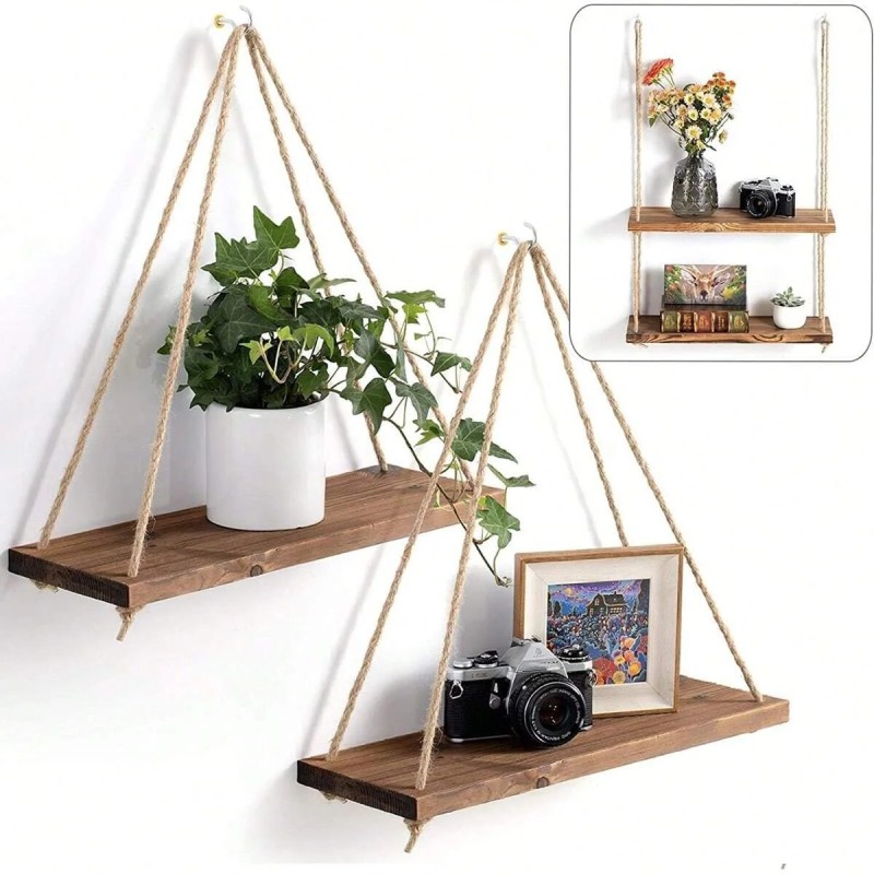 1PC Leagăn din lemn agățat frânghie de cânepă, raft de perete montat, plutitor, sufragerie pentru plante, ghiveci, tavă pentru d