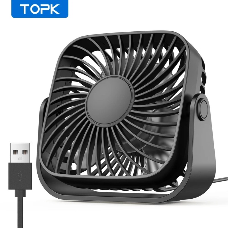 Mini ventilator portabil USB TOPK de 4 inchi pentru camping, ventilator personal de masă silențios cu 3 viteze, ventilatoare în 