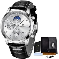 LIGE Ceas casual pentru bărbați Ceas de mână sport cu quartz, din piele de lux, impermeabil, cronograf, militar, pentru bărbați,