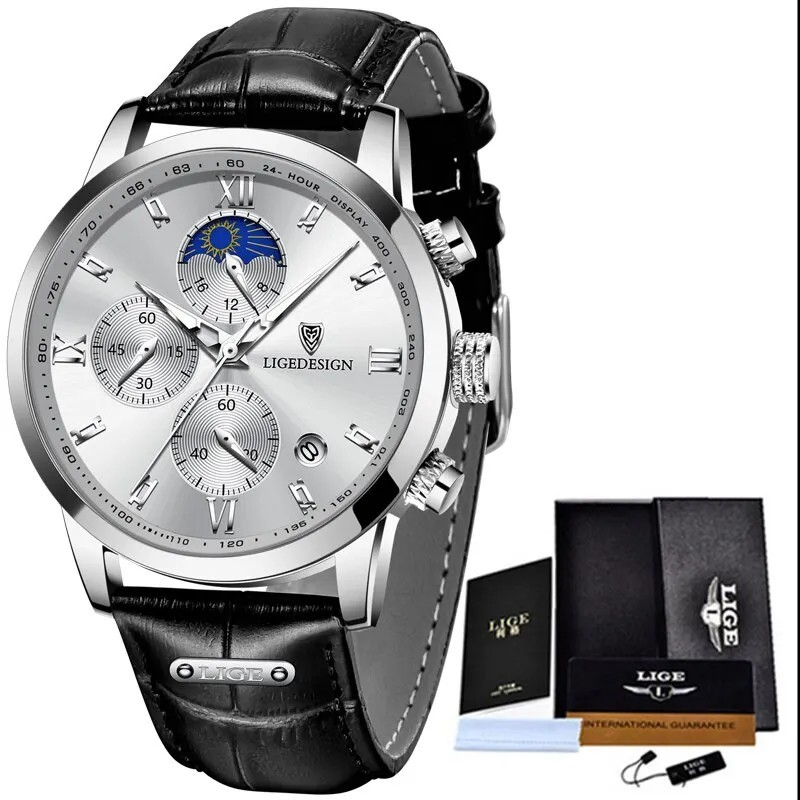 LIGE Ceas casual pentru bărbați Ceas de mână sport cu quartz, din piele de lux, impermeabil, cronograf, militar, pentru bărbați,